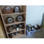 Various mantle clocks A/F along with parts and spares over two shelves and two boxes