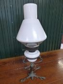 Converted oil lamp with glass well and large white glass chimney on metal base approx. 70cm H