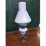 Converted oil lamp with glass well and large white glass chimney on metal base approx. 70cm H