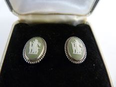 1940's silver set green Wedgwood Jasper ware clip on earrings depicting a Grecian lady with deer.