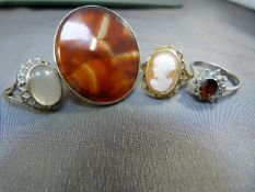 Three Silver rings - Garnet CZ, Moonstone and Agate and a 9ct gold set cameo ring