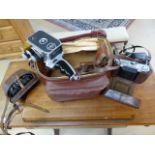 Camera bag containing - Binoculars 8 x 30, 1 Bolex B8SL Cine camera 8mm, 1 Halina Camer 35 - 600,