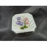 Hallmarked silver compact with cream Guilloche floral decorated enamel to front.