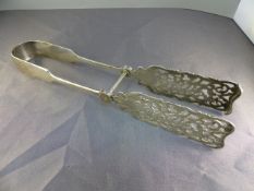 Pair of hallmarked silver tongs with pieced decoration to the spatulas - Sliding action pin in the