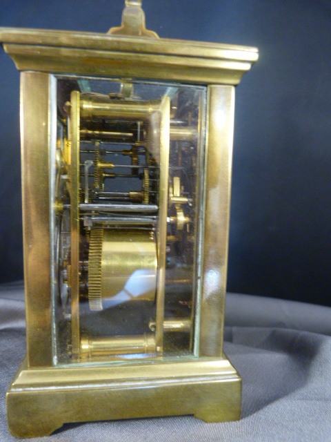 French brass carriage clock with white enamelled dial and Roman Numerals, Chiming action works on - Image 10 of 14