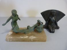 Art Deco lamp with kneeling nude on marble base (missing glass screen) and a metal art deco nude