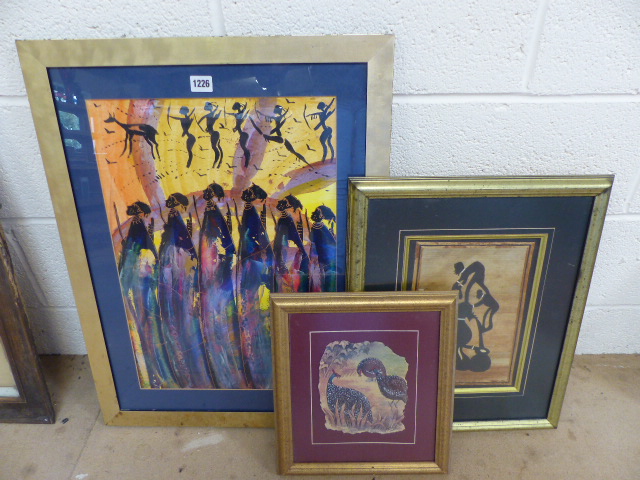 Three Tribal paintings, probably souvenir pictures. 1 painted on banana leaf