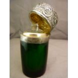 Hallmarked silver topped green glass scent bottle with original stopper - Hallmarked Birmingham 1898
