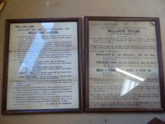 Pair of Vintage Rules for Billiards from the Union Jack Club - Original paper in oak frames