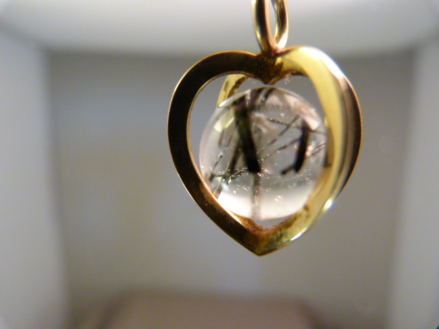 Two 14k Gold Pendants - 1 heart shaped cage with an approx 11mm Tourmilated Quartz Ball inside, - Image 3 of 4