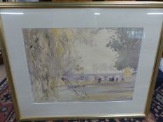 Joy Parsons - Watercolour on paper, depicting a Riverside View of Walkers and bridge.