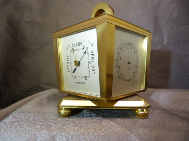 Tiffany and Co Brass eight day Desk clock on Rotating Art Deco base with circular handle. Four Faces - Image 8 of 20