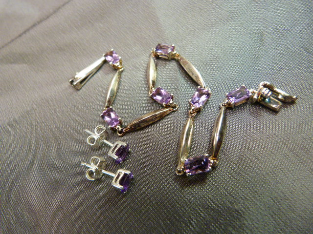 Silver 925 Bracelet 7.5" long set with 7 approx 6.04mm x 4mm emerald Cut Amethysts. Together with - Image 2 of 3