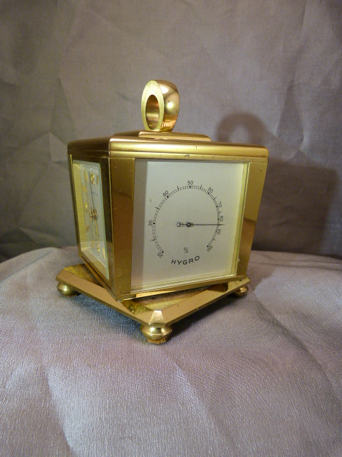 Tiffany and Co Brass eight day Desk clock on Rotating Art Deco base with circular handle. Four Faces - Image 14 of 20