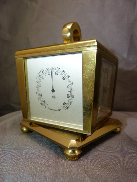 Tiffany and Co Brass eight day Desk clock on Rotating Art Deco base with circular handle. Four Faces - Image 12 of 20