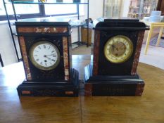 Two large slate mantle clocks - inlaid with marble - no markings to plate on backs.