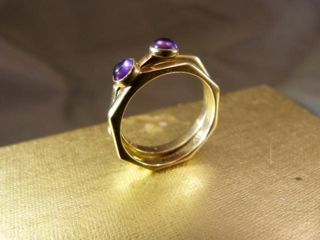 A Pair of 9ct Gold Amethyst set Rings by MG, contemporary design from 1988 meant to be worn - Image 2 of 5