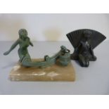 Art Deco lamp with kneeling nude on marble base (missing glass screen) and a metal art deco nude