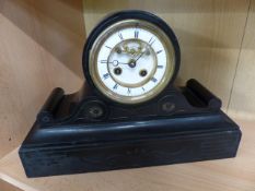 French Sloped slate mantle clock by R & C Paris & London with enamelled dial on stepped plinth