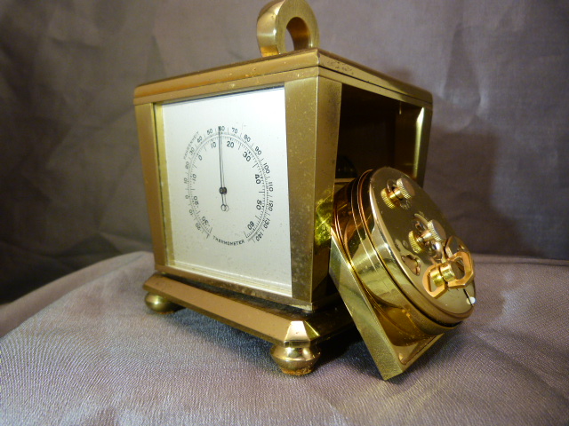 Tiffany and Co Brass eight day Desk clock on Rotating Art Deco base with circular handle. Four Faces - Image 7 of 20