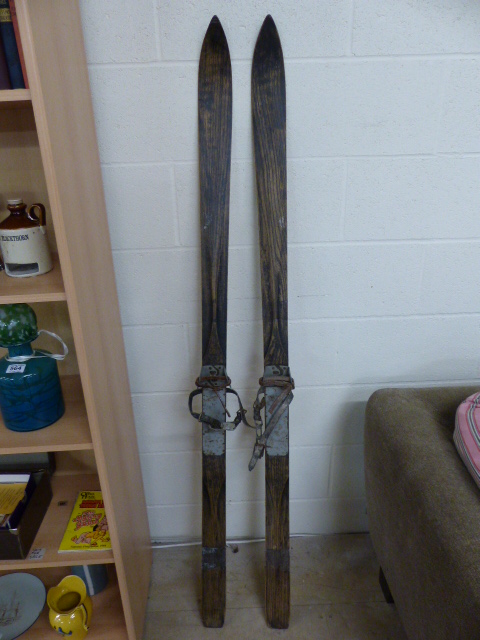 Pair of children's vintage oak Ski's with metal boot fixing's C 1900's