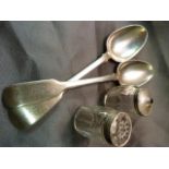 Pair of Hallmarked silver spoon - 1 - Georgian and one other along with two condiment Shakers with