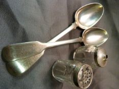 Pair of Hallmarked silver spoon - 1 - Georgian and one other along with two condiment Shakers with