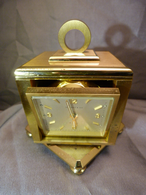 Tiffany and Co Brass eight day Desk clock on Rotating Art Deco base with circular handle. Four Faces - Image 15 of 20