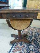 Antique rosewood sewing table cum games table, velvet lined pull out box reveals chess pieces and