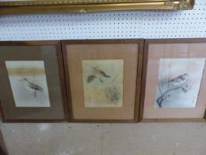 Set of Three japanese watercolours of birds with Red signature marks