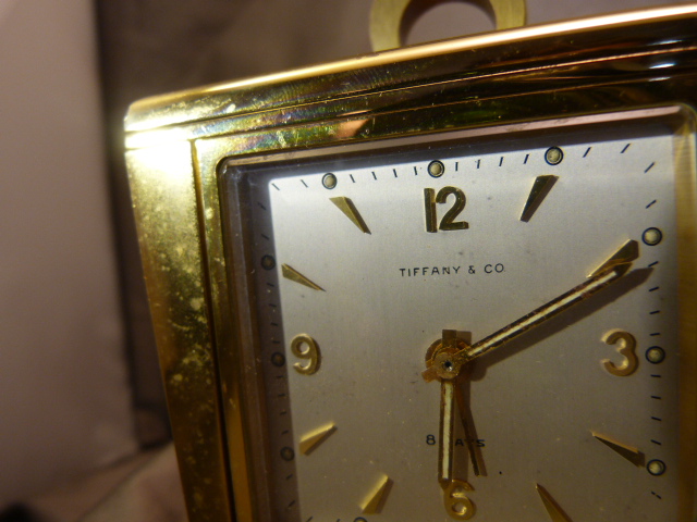 Tiffany and Co Brass eight day Desk clock on Rotating Art Deco base with circular handle. Four Faces - Image 10 of 20