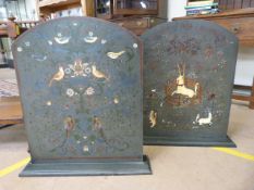 Pair of Victorian large hand painted lacquered fire screens, depicting English birds among