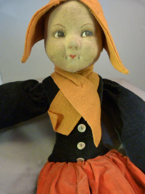 A Nora Wellings Velvet doll. Stylised on a Peasant girl with orange hat and black Jacket. Eyes - Image 4 of 7