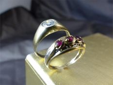 Two 9ct Gold Rings. One set with three small rubies, the other set with a CZ (AF) Size approx UK - N