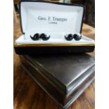 Silver coloured trinket pot and a pair of Novelty cufflinks in the form of a Moustache