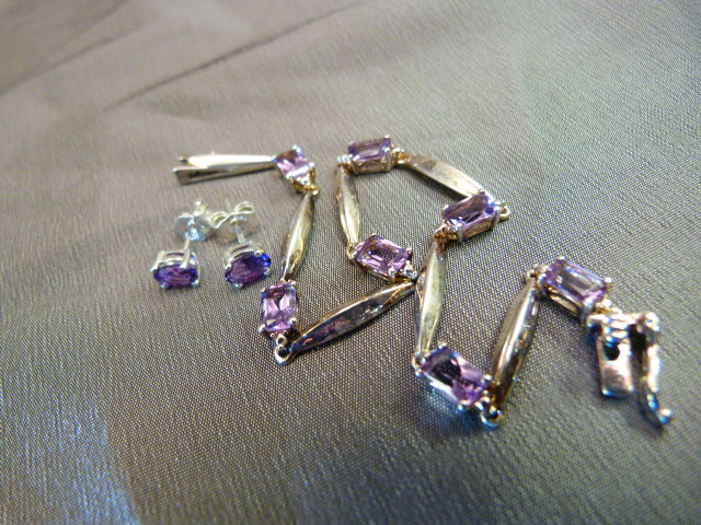 Silver 925 Bracelet 7.5" long set with 7 approx 6.04mm x 4mm emerald Cut Amethysts. Together with - Image 3 of 3