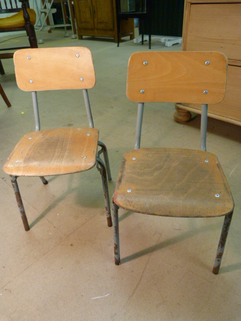 Metal and teak pair of childrens sunday school style chairs