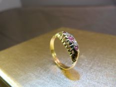 18ct yellow Gold boat ring with Three Rubys and two Diamonds Ring Size N - Total weight - 2g