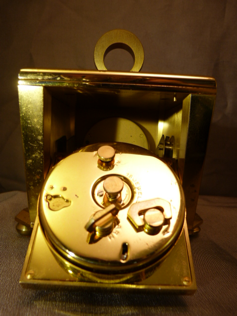 Tiffany and Co Brass eight day Desk clock on Rotating Art Deco base with circular handle. Four Faces - Image 16 of 20
