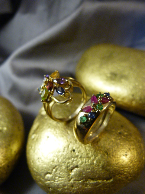Two 9ct Gold multi gem stone rings by QVC. (1) 7 Marquis shaped stones set with 3 small accent