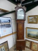 Mahogany and oak case grandfather clock c.1800 with single inlaid door. Under the hood sits and