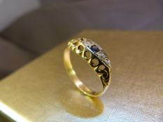18ct Gold Antique boat ring set with three diamonds and 1 sapphire. One Diamond missing UK - P Total