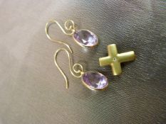 Box containing a pair of 14K designer Amethyst drop earrings and a 9ct Gold Matt finish cross, set