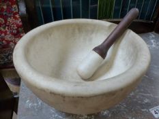 Antique Pestle and Mortar - The Pestle having a turned wooden handle