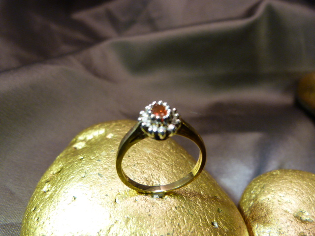 9ct Ruby and Diamond cluster ring. The oval ruby is surrounded by 12 (.10pts) of Sparkling