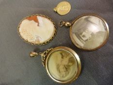 Two victorian 9ct Gold photo lockets approx 32mm in diameter. Modern 9ct Gold Cameo Brooch approx