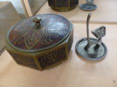 Brass inlaid caddy along with an Art Deco Seba cat ring stand