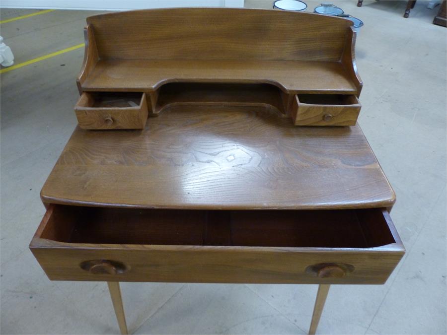 Ercol 'Windsor' light elm desk with single drawer and two raised drawers above on tapering splayed - Image 3 of 4