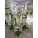 Set of six Waterford Crystal cut glass water glasses and three various other glasses with green
