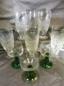 Set of six Waterford Crystal cut glass water glasses and three various other glasses with green